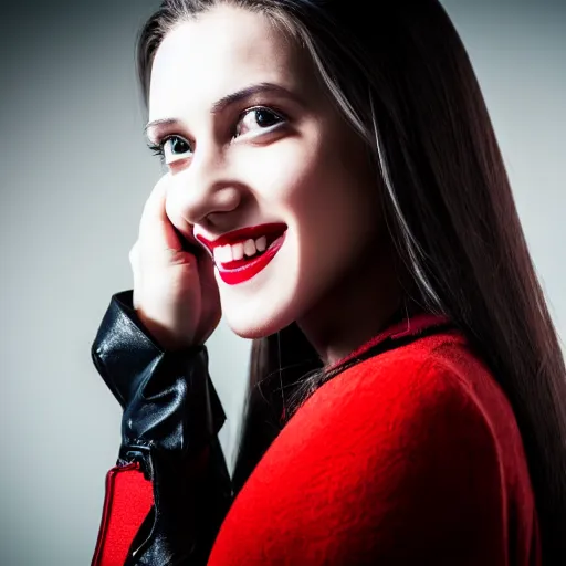 Prompt: head and shoulder shot of a female vampire walking home at night, hard lighting, professional studio, smile, vibrant colors, fashion, sideview, inspired by dracula