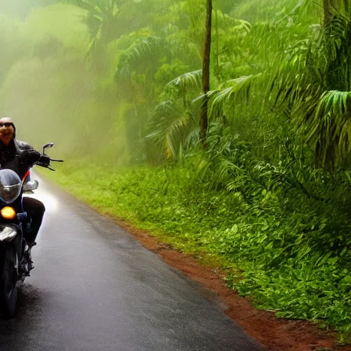 Prompt: a potato riding a motorcycle through the jungle, low angle with rain and lightning, dramatic scene from a movie