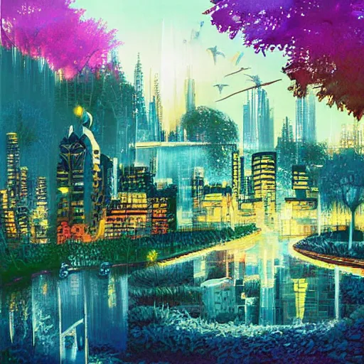 Image similar to Beautiful city of the distant future in harmony with nature. Nice colour scheme, soft warm colour. Beautiful painting by Lurid. (2022)