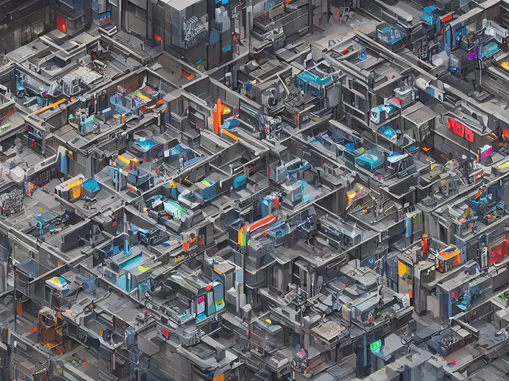 Image similar to isometric view of a cyberpunk factory filled with drone workers, busy, grimy, gritty, blade runner 2 0 4 9, trending on artstation, award winning painting