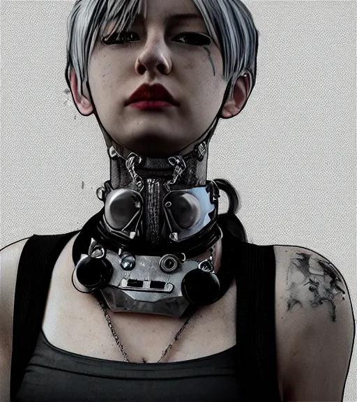 Image similar to detailed realistic female character cyberpunk wearing thick steel collar around neck, realistic, art, beautiful, 4K, collar, choker, collar around neck, punk, artstation, detailed, female, woman, choker, cyberpunk, neon, punk, collar, choker, collar around neck, thick collar, tight around neck, punk, choker, hyperrealistic, realistic, female, punk female,