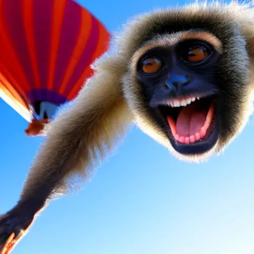 Prompt: gibbon hanging upside down from rope attached to hot - air balloon, smiling at camera, exaggerated perspective