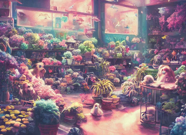 Image similar to clean impasto bright cheery placid pastel deep cozy moody cluttered painterly fluffy tiny cramped live pet store, aisles of aquariums, slanted ceiling, tiny space, particulate, trending on pixiv