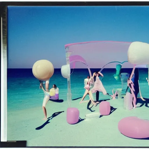 Image similar to a pastel colour high fidelity wide angle Polaroid art photo from a holiday album at a seaside with abstract inflatable parachute furniture, all objects made of transparent iridescent Perspex and metallic silver, high fidelity people in masks dance in the distance, iridescence, nostalgic