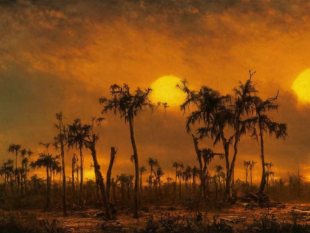 Image similar to a post apocalyptic west florida landscape after a nuclear war, beautiful radioactive sunset lighting, beautiful painting, miami beach, painted by albert bierstadt