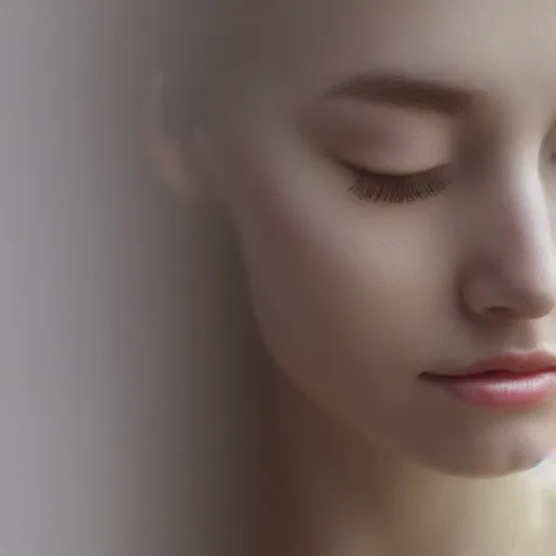 Image similar to photorealistic portrait of a beautiful young woman, very blurry, out of focus, translucent stone white skin, closed eyes, foggy, closeup