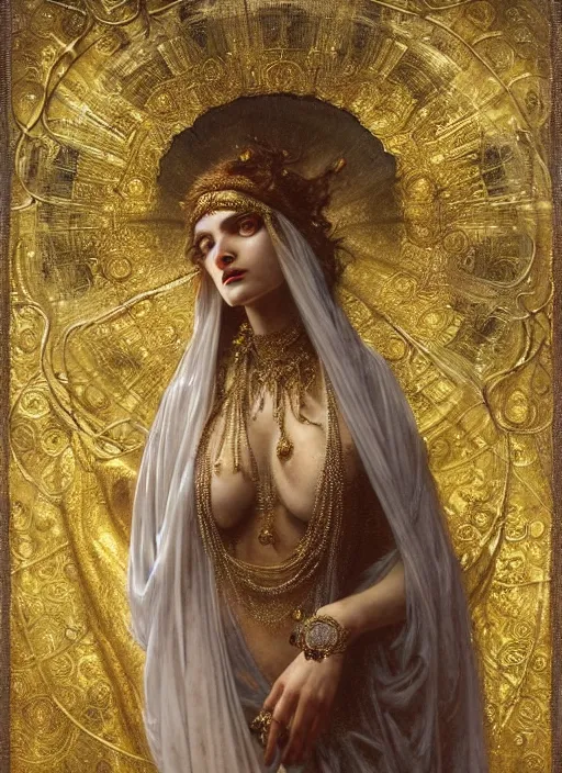 Prompt: hyper realistic painting of veiled bride, gold ornaments, flowing fabric, intrincate detail, detailed faces by wayne barlowe, gustav moreau, goward, gaston bussiere and roberto ferri, santiago caruso, and austin osman spare, ( ( ( ( occult art ) ) ) ) bouguereau, alphonse mucha, saturno butto