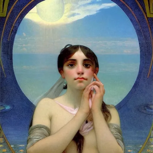 Image similar to Moon girl at the palace, thunderstorm, greek pool, beach and palm trees on the background major arcana sky, by paul delaroche, alphonse mucha and arnold böcklin arnold böcklin hyperrealistic 8k, very detailed