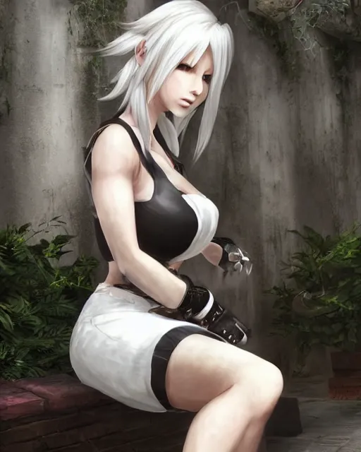 Prompt: tifa lockhart with white hair, beautiful face, very shy, elegant clothes, introverted, garden, utopian city, solarpunk, perfect, attractive, illuminated, ultra realistic, atmosphere, cinematic, artstation, highly detailed