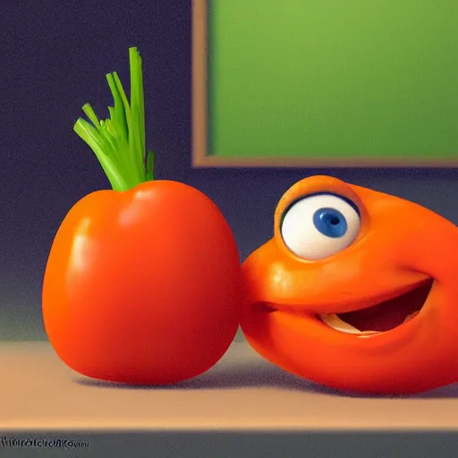 Prompt: a carrot shaking hand with a tomato, digital art, pixar, disney, movie, artstation, 4 k, by pixar