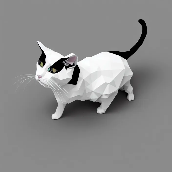 Prompt: low polygon, 3 d render, cat with black and white fur, isometric view, white background, high definition