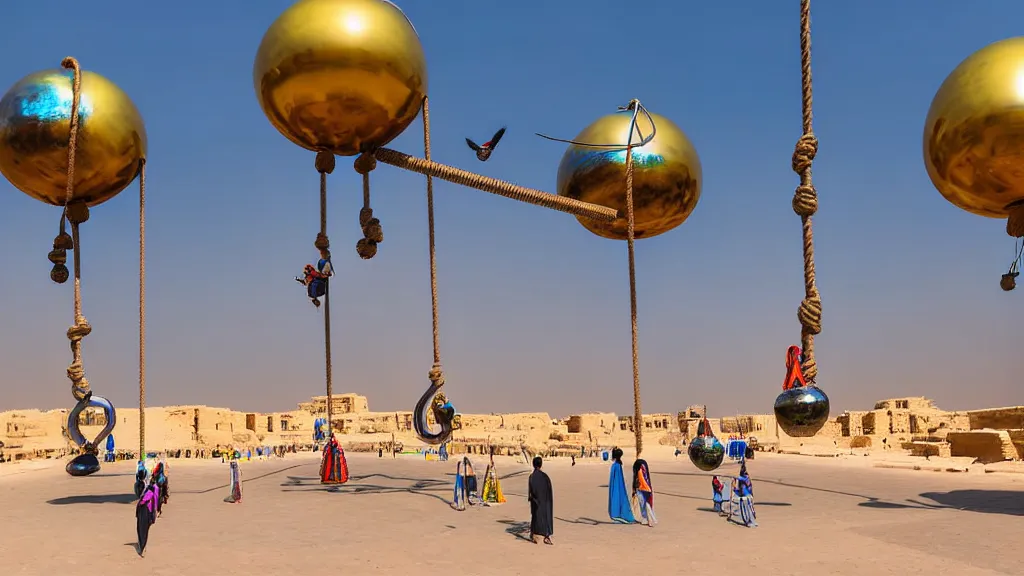 Image similar to large colorful futuristic space age metallic steampunk balloons with pipework and electrical wiring around the outside, and people on rope swings underneath, flying high over the beautiful ancient egyptian city landscape, professional photography, 8 0 mm telephoto lens, realistic, detailed, photorealistic, photojournalism