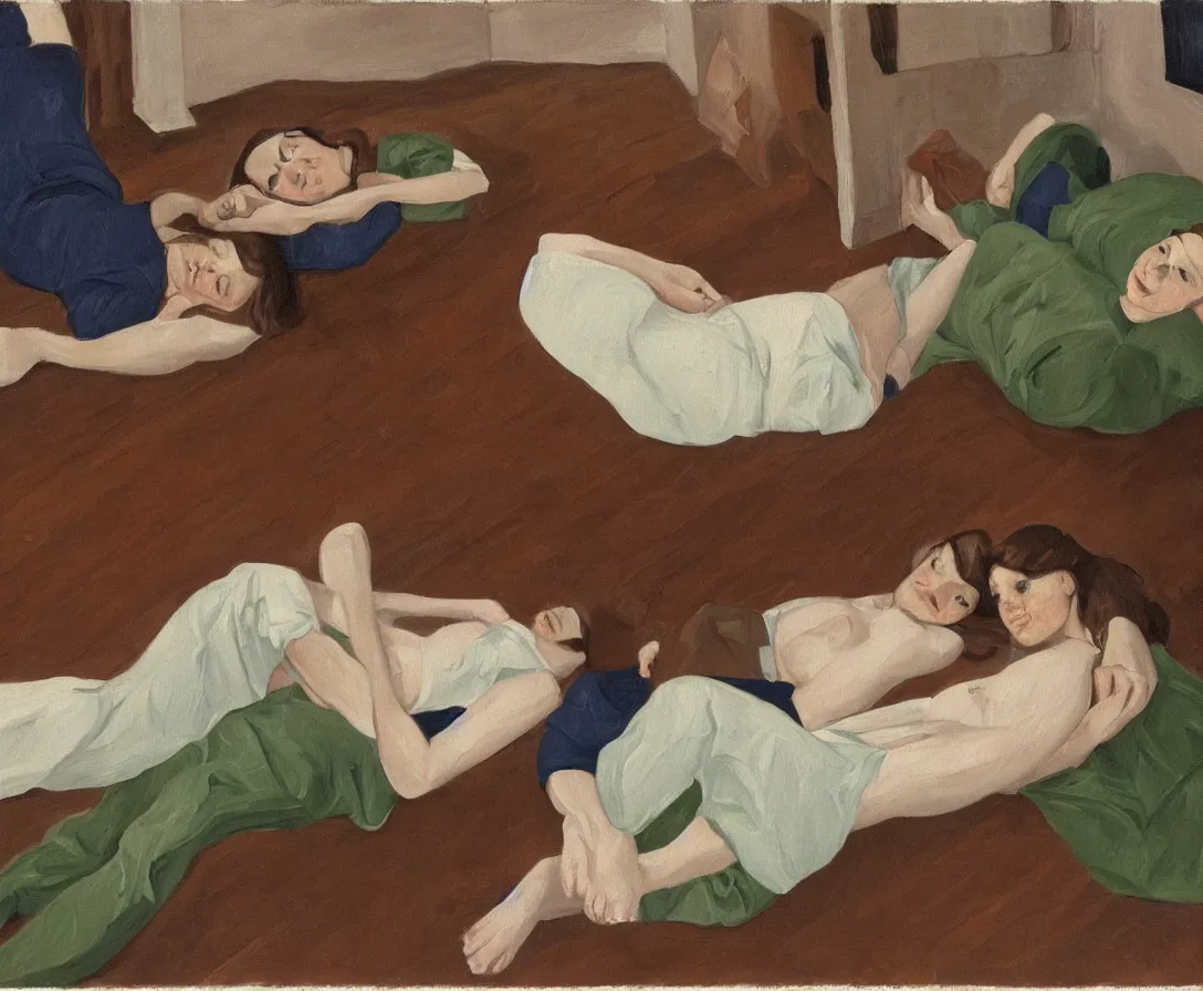 Prompt: portrait of two women lying horizontal, in an empty old english apartment with wooden floor on a brown leather sofa. one is wearing a dark blue sweather, the other a white shirt. brown hair, they are looking into the camera. wide shot. in the style of lucien freud. oil painting. green mood. isometric perspective
