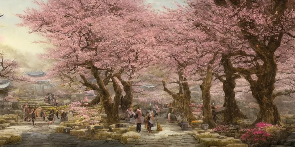 Prompt: a street in a ancient chinese characteristics. it has a high degree of fantasy. cherry blossom forest, there are pavilions in the air, koi jumping in the air, and fairy birds and animals such as cranes and deer coexist with people. it is the life scene of the ancient people, a detailed matte painting by christophe vacher and albert bierstadt