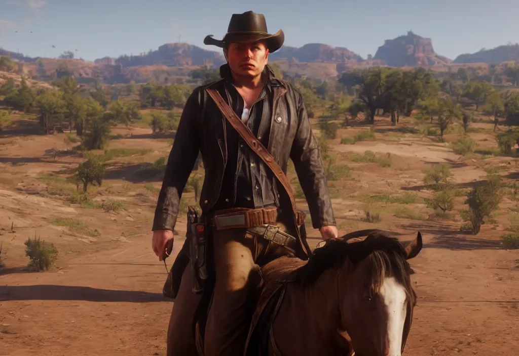 Image similar to elon musk in the red dead redemption 2, elon musk in the video game red dead redemption 2, gameplay screenshot, close up, 3 d rendering. unreal engine. amazing likeness. very detailed.