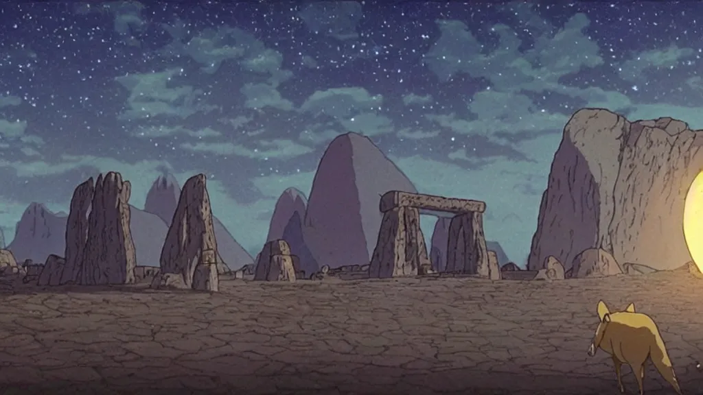 Image similar to a cell shaded cartoon movie still from princess mononoke ( 1 9 9 7 ) showing a golden ufo over stonehenge. in the background is machu pichu on a misty and starry night. very dull muted colors, hd, 4 k, hq