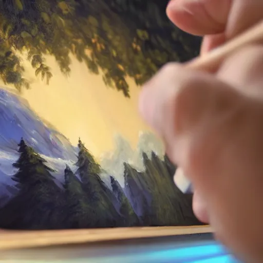 Image similar to a closeup photorealistic photograph of bob ross working on a canvas painting sonic the hedgehog. film still. brightly lit scene. mountain scape. this 4 k hd image is trending on artstation, featured on behance, well - rendered, extra crisp, features intricate detail, epic composition and the style of unreal engine.