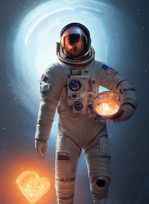 Prompt: portrait of an astronaut in a space suit holding a magical box, d & d, heartstone, digital painting, volumetric light, intricate, sharp, focus, bloom, illustration, highly detailed, concept art, matte, ruan jia, randy vargas, greg rutkowski