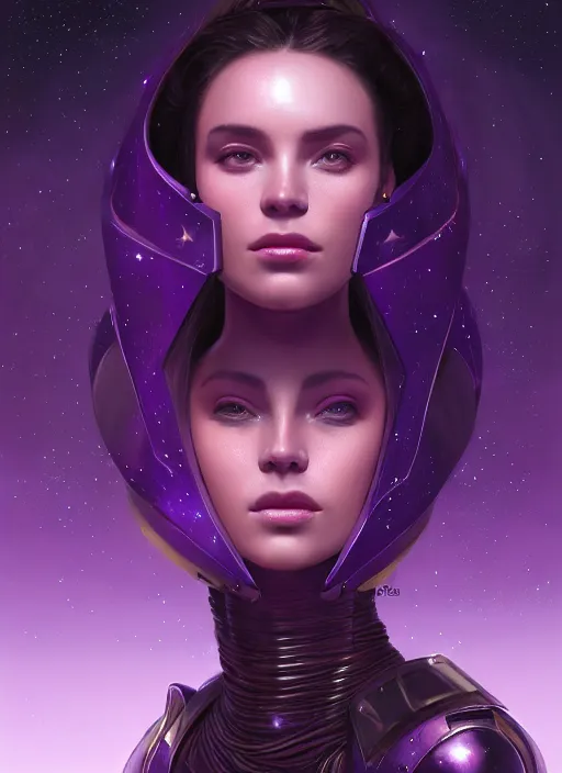 Prompt: close up, beautiful portrait of a woman in purple leather future armor with a long black ponytail, with space and stars around her, spaceship hallway, intricate, elegant, mood lighting, highly detailed, digital painting, artstation, concept art, smooth, sharp focus, illustration, art by wlop, mars ravelo and greg rutkowski