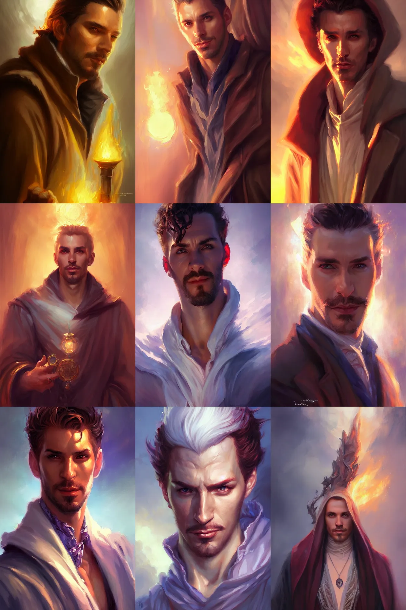 Prompt: portrait attractive man warlock, sunset, spell casting, painting by bastien lecouffe - deharme, vladimir volegov, j. c. leyendecker, tom of finland, trending on artstation