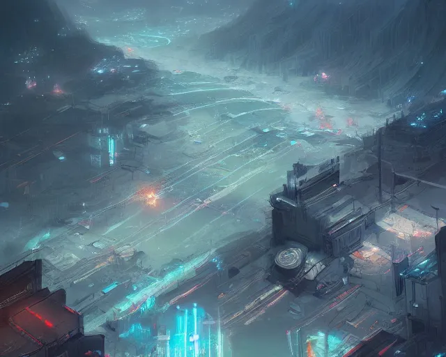 Prompt: artstation scifi map of the town, main road in the middle, a river, wenjun lin