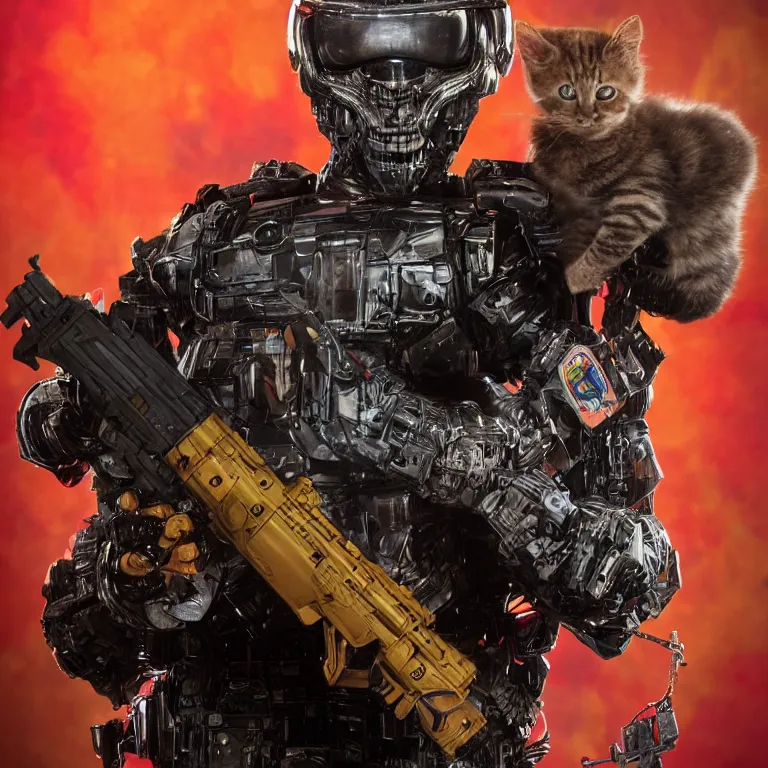 Prompt: close - up octane render portrait by wayne barlow and carlo crivelli and glenn fabry, a big bad black ops tactical scary humanoid robot soldier, holding cute kitten, inside a colorful highly - themed biker bar, very short depth of field, bokeh