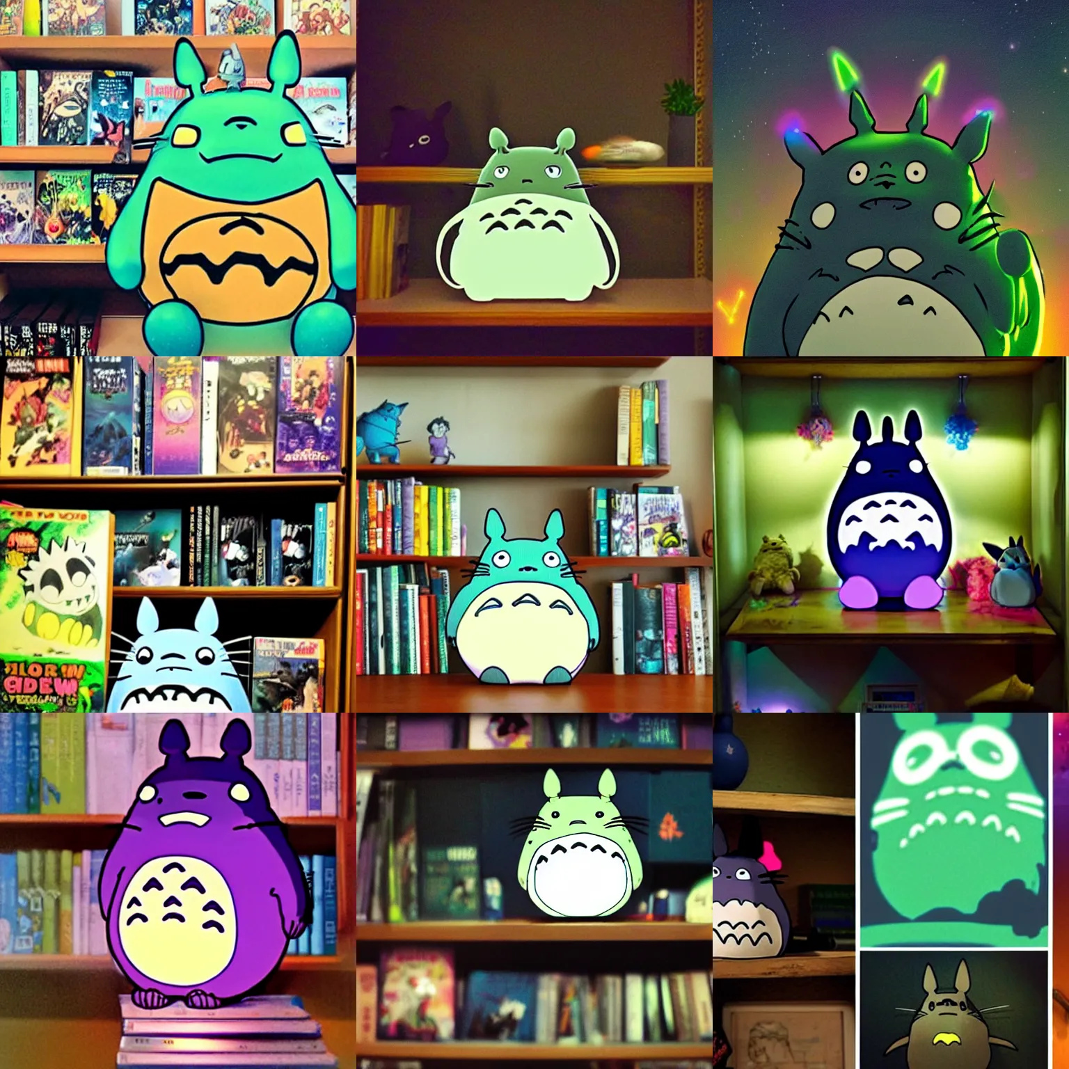 Prompt: glow in the dark totoro sitting on a shelf in a dark room, dim, comic books on shelf