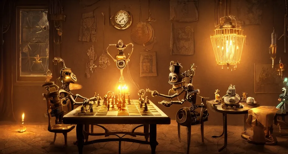 Image similar to a beautiful tapestry, a small robot playing 3 d chess, ultra detailed, atmospheric lighting, steampunk, moody, candles, characters from machinarium, by don bluth, trending on artstation, octane render, 8 k, ultra realistic