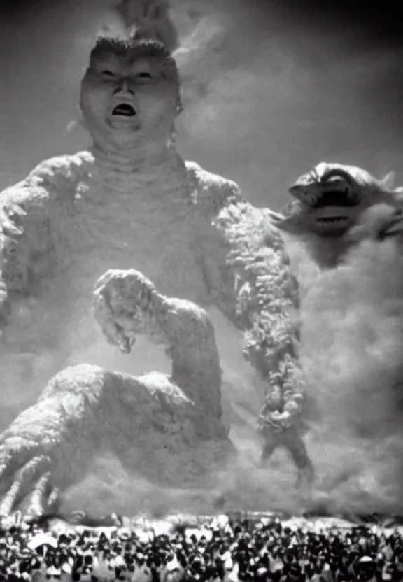 Prompt: Pulgasari the North Korean monster, volumetric lighting, filmstill, produced by Kim Jong-il, Kodachrome, kaiju-eiga, starfish monster movie, communist propaganda, film noir, 35mm film grain, Cooke Varotal 20-100mm T3.1, monochrome, in the style of Ishirō Honda and Akira Kurosawa