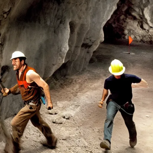 Image similar to indiana jones running away from a construction worker in a cave