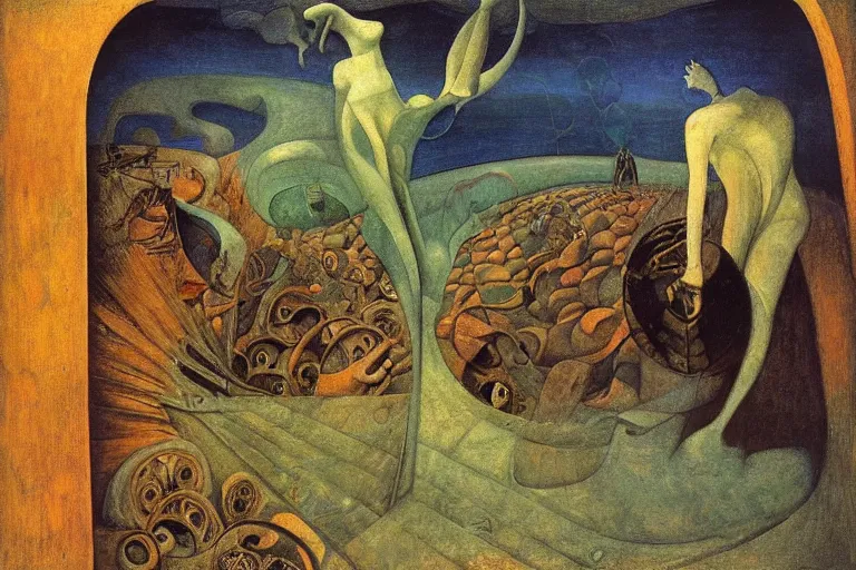 Image similar to the wake of the unseen object,by Remedios Varo and Nicholas Roerich and Adolf Wölfli and ford madox brown, symbolist, dramatic lighting, elaborate geometric ornament, cool blue and green colors, Art Brut, smooth, sharp focus, extremely detailed