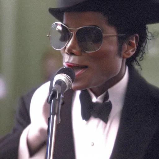 Image similar to cinematic still of Michael Jackson preaching at a Baptist Church in Rural Tennessee, close up, shallow depth of field, cinematic