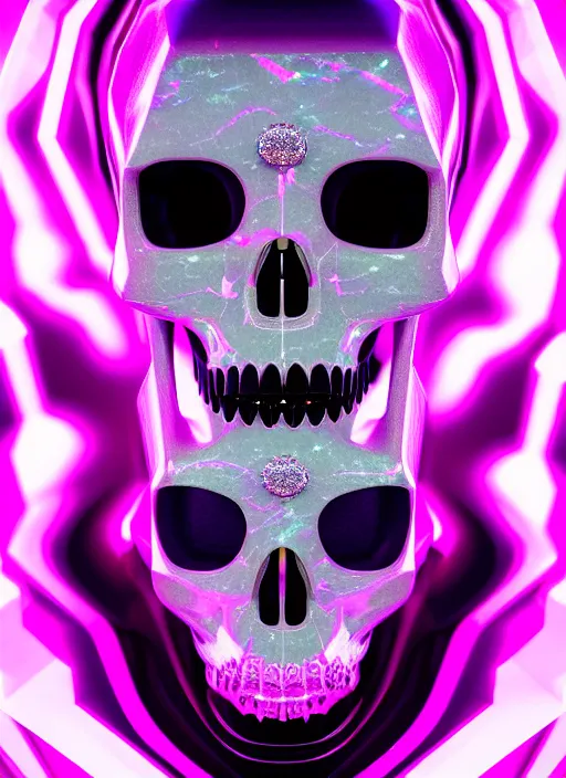 Image similar to photo of fullbodied baroque and bladerunner delicate neon diamond sculpture of seductive onyx albino marble prince kai harvatz dotado pink iridescent skull psychedelic, reclining, glowing magenta face, crown of white diamonds, cinematic lighting, photorealistic, octane render 8 k depth of field 3 d