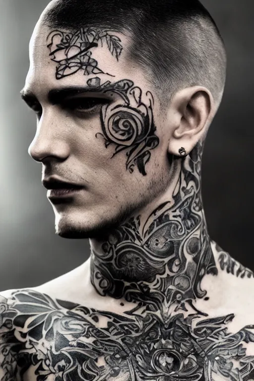 Prompt: a handsome man, shaved head, tattoos, gothic, intricate, elegant, dramatic lighting, gorgeous face, black leather jacket, highly detailed, lifelike, photorealistic, digital painting, artstation, illustration, concept art, smooth, sharp focus, art by John Collier and Albert Aublet and Krenz Cushart and Artem Demura and Alphonse Mucha