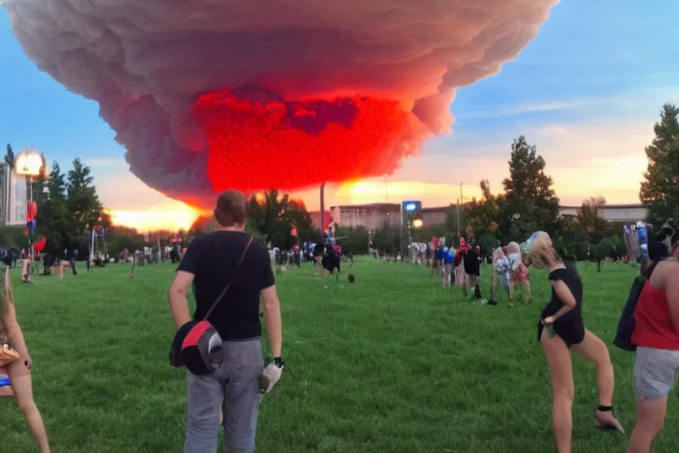 Image similar to nuclear explosion in the background of a furry convention