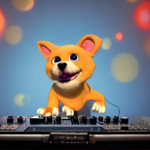 Image similar to puppy as a happy DJ, 8k, by Pixar