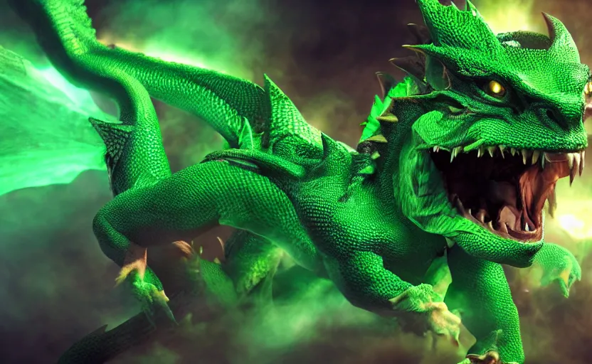 Image similar to green dragon, smiling, studio shot, volumetric lighting, 8k, real life picture, realistic, hyperdetailed, no blur, shadows