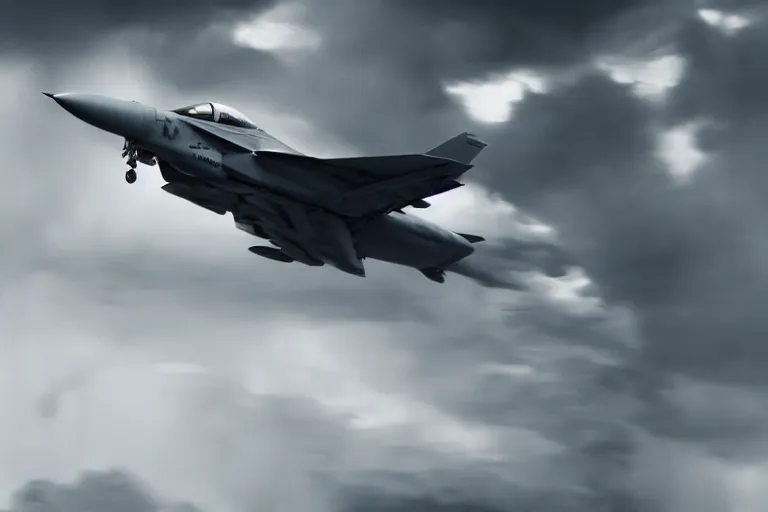 Image similar to a cinematic painting of a fighter jet, sonic boom, beautiful lighting, high depth, ultra realistic, rain, clouds, artistic, by zack snyder