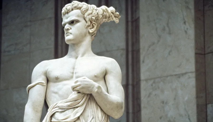 Image similar to 1 9 6 0 s movie still close - up of caligula in white toga stabbed by senators on marble stairs, cinestill 8 0 0 t 3 5 mm, high quality, heavy grain, high detail, dramatic light, anamorphic, detailed beard