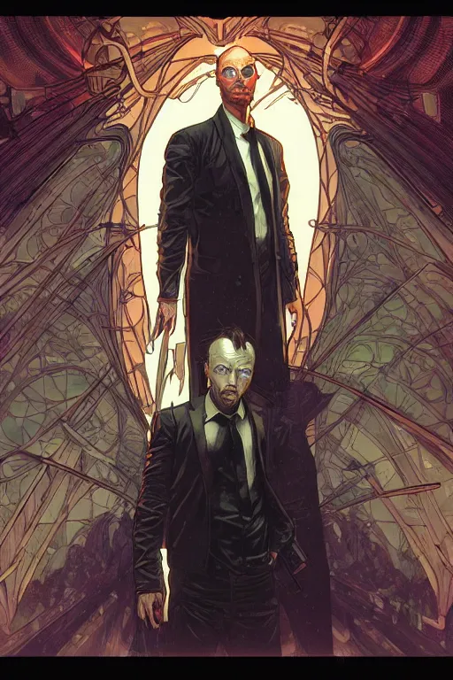 Prompt: comic book illustration, thom yorke as agent smith from the matrix, cyberpunk concept art by artgerm and Alphonse Mucha and Moebius, highly detailed, intricate, sci-fi, sharp focus, Trending on Artstation HQ, deviantart