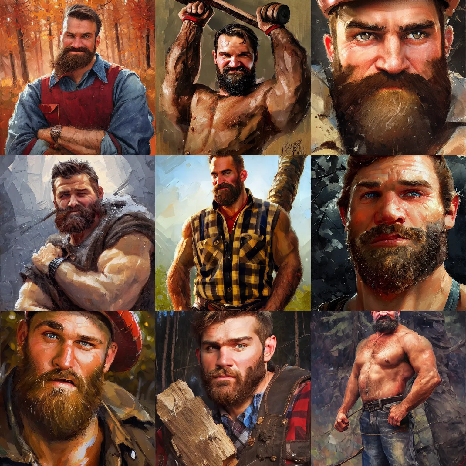 Prompt: a brawny young lumberjack strongman with a warm and kindly expression, built and strong, character portrait by Michael Garmash, Karol Bak, Greg Rutkowski