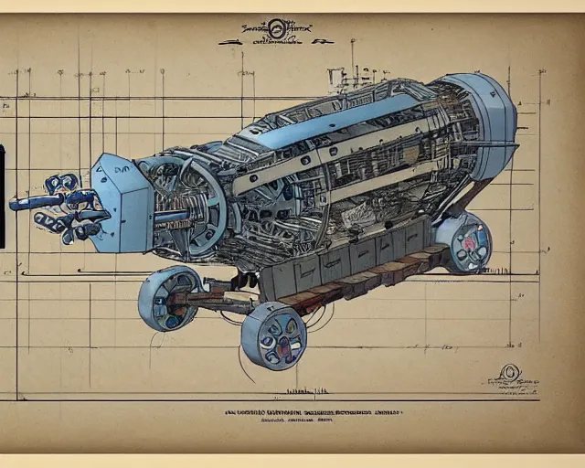 Prompt: a full page of a mechanical blueprint showing a design for a mechanized sloth from howl's moving castle ( 2 0 0 4 ), with a big head, muted colors, post grunge, studio ghibli, hq,