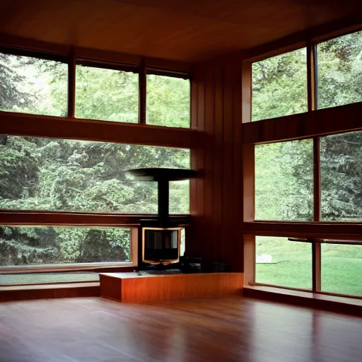 Prompt: in ground living room, mid century, fireplace, big windows, frank lloyd wright