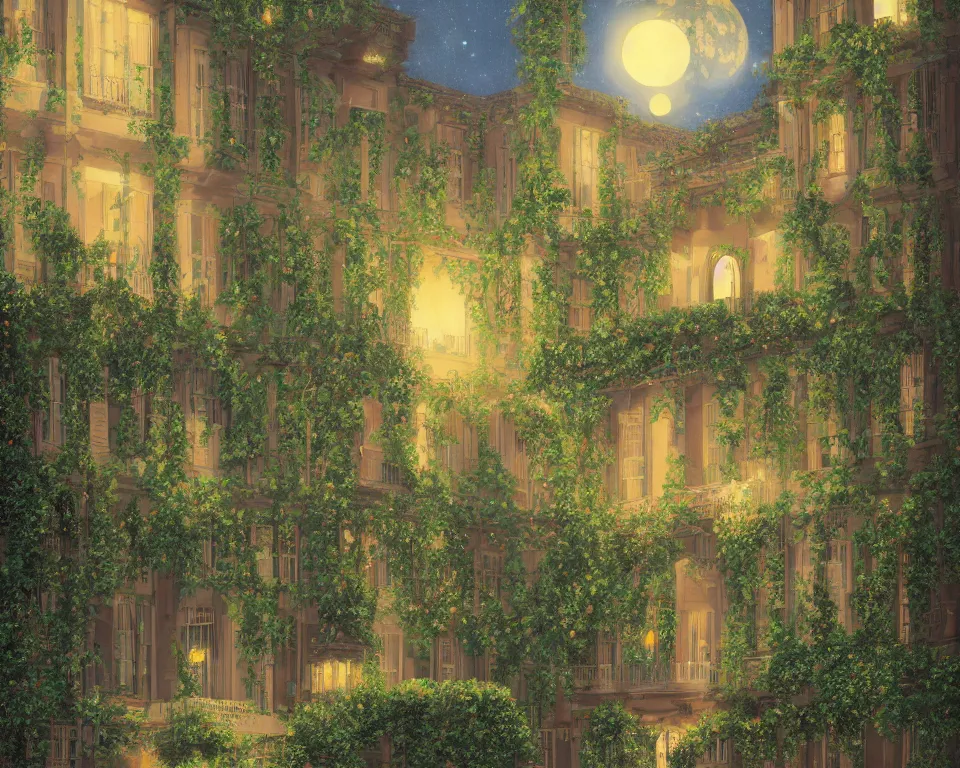 Prompt: an achingly beautiful print of lunar four seasons hotel, lit by glowing wrought-iron lanterns and overgrown with flowering ivy, on the Sea of Tranquility by Raphael, Hopper, and Rene Magritte. detailed, romantic, enchanting, trending on artstation.