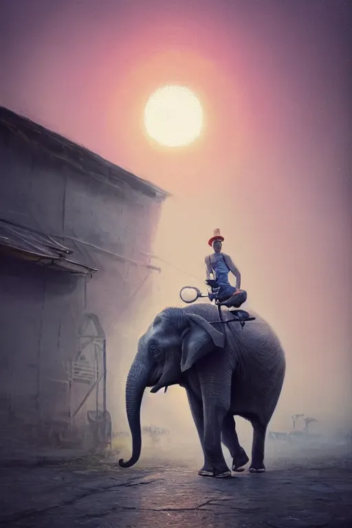 Image similar to a beautiful hyperrealistic painting of a circus act elephant riding a bicycle by Alena Aenami, Anton Semenov, Alejandro Burdisio, gigantic, octane render, brilliantly coloured, intricate, ultra wide angle, trending on artstation, dusk, volumetric lighting, polished, micro details, ray tracing, 8k