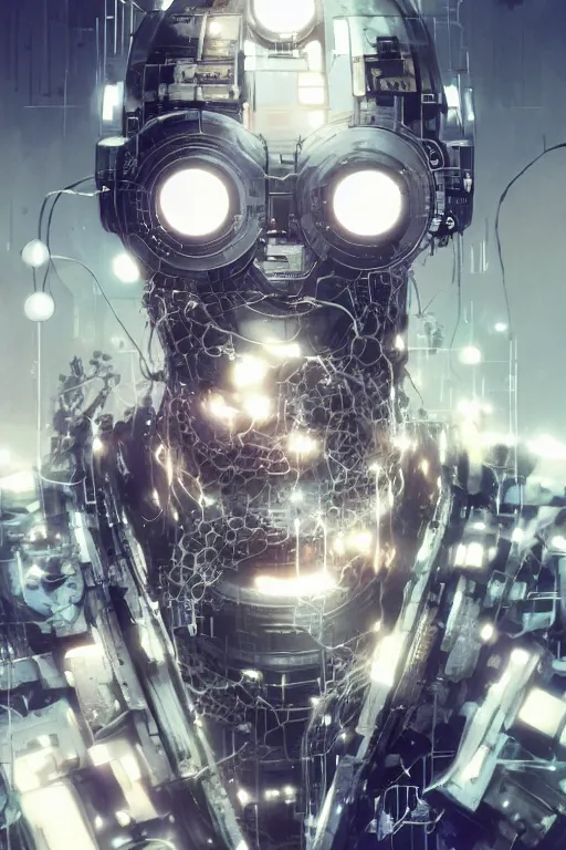 Image similar to cyborg removing its human mask revealing wires and gears behind its fragile looking face, white mask, futuristic, y2k aesthetic, dramatic lighting, illustration by Greg rutkowski, yoji shinkawa, 4k, digital art, concept art, trending on artstation