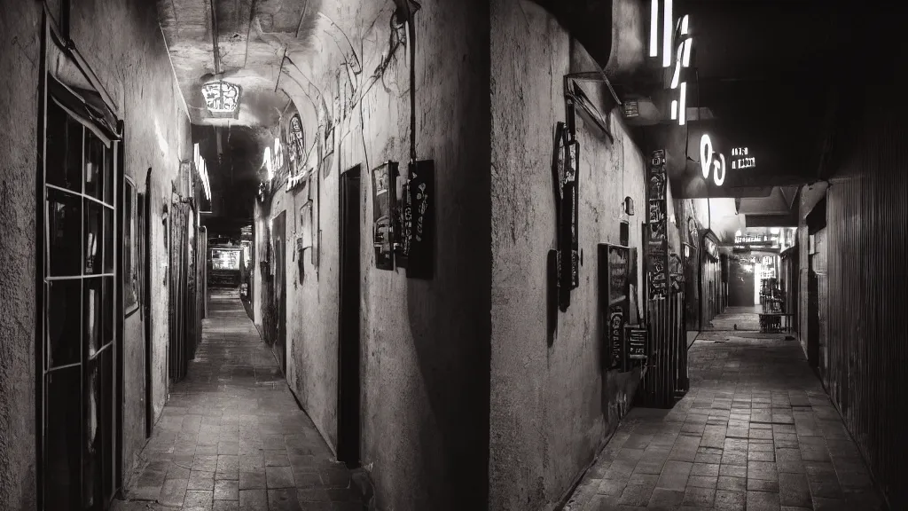 Prompt: detailed photograph of a gray extremely narrow nightclub hallway with a ( ( neon ) ) sign, aztec architecture, dimly lit