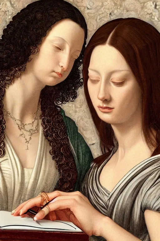 Image similar to portrait of two wise and very beautiful women reviewing some texts, art by tiziano, intricate, elegant, highly detailed, smooth, sharp focus, artstation