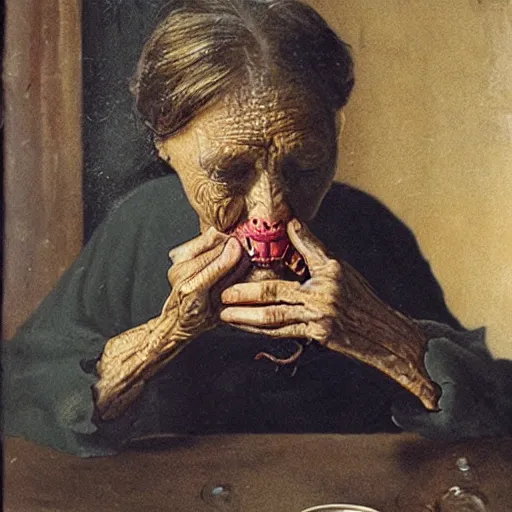 Prompt: an old woman swallowing a spider