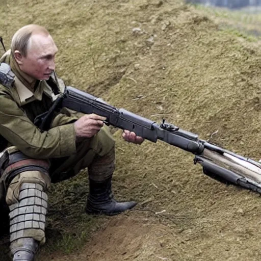 Prompt: Putin, fully equipped, is sitting in a trench and shooting back at the Ukrainians. Super detailed style/ HD textures